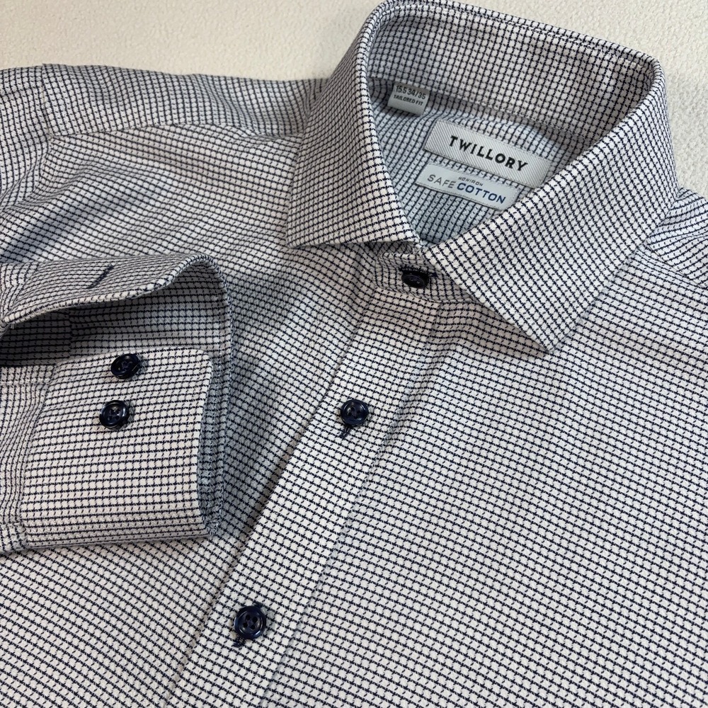 Twillory Noniron Safe Cotton Shirt Mens 15.5-34/35 Navy White Plaid Tailored Fit